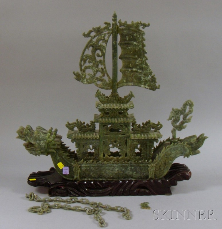 Appraisal: Asian Carved Green Hardstone Dragon Ship carving lg in