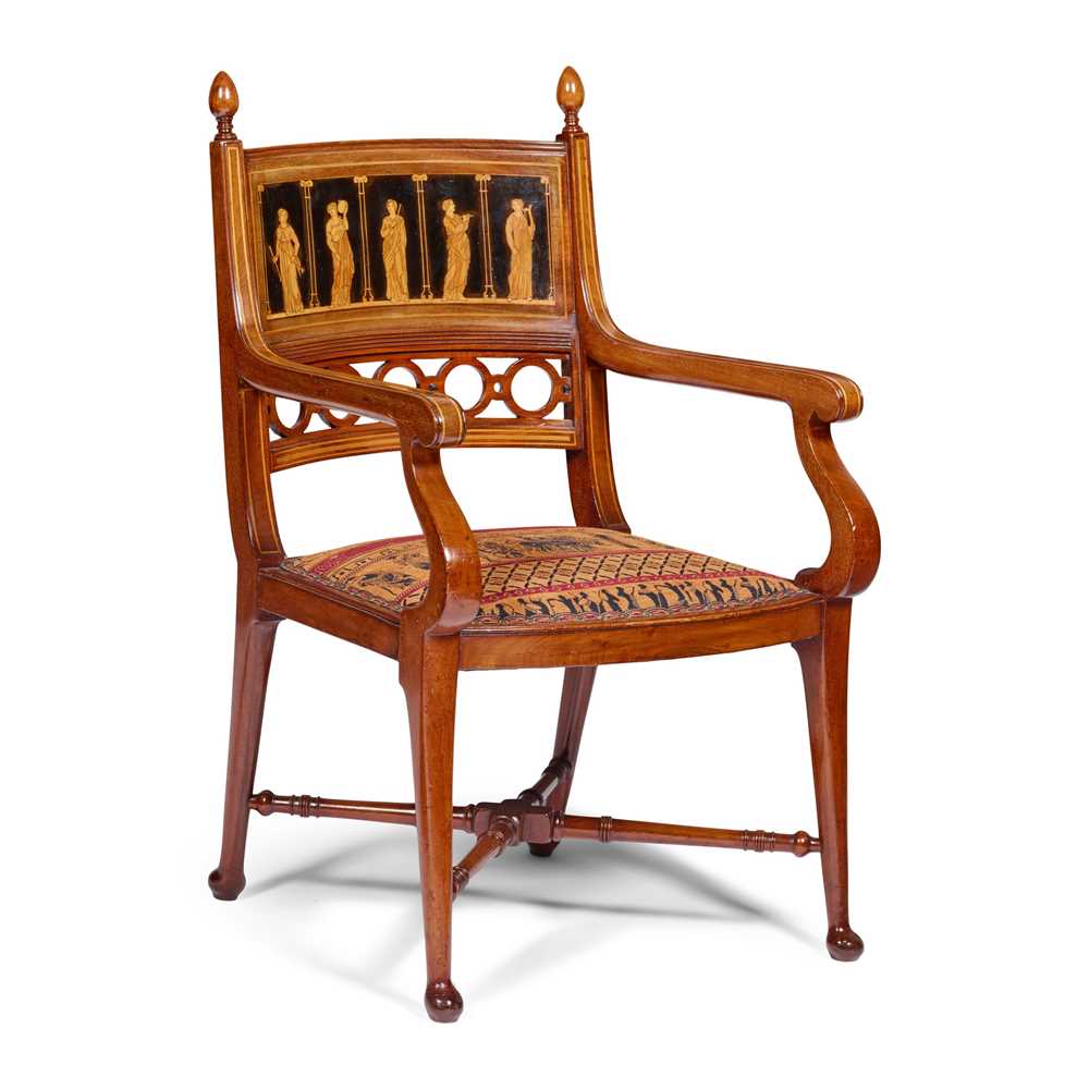 Appraisal: ENGLISH GRECIAN REVIVAL ARMCHAIR CIRCA mahogany and sycamore marquetry inlay