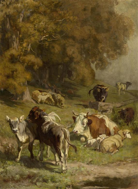 Appraisal: KOLLER RUDOLF Zurich Cows and sheep at the forest edge