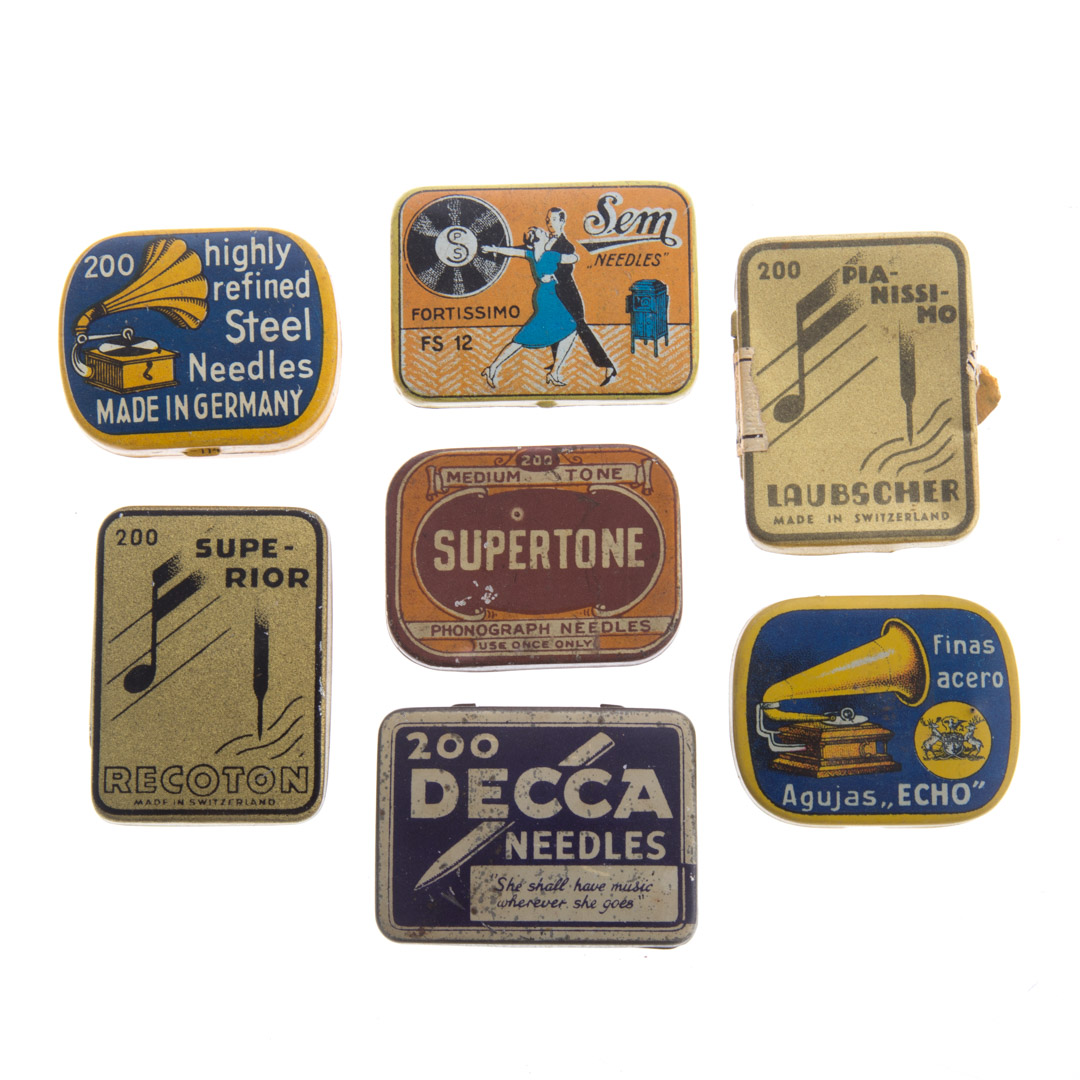 Appraisal: Seven assorted phonograph needle tins including Decca Supertone Superior and