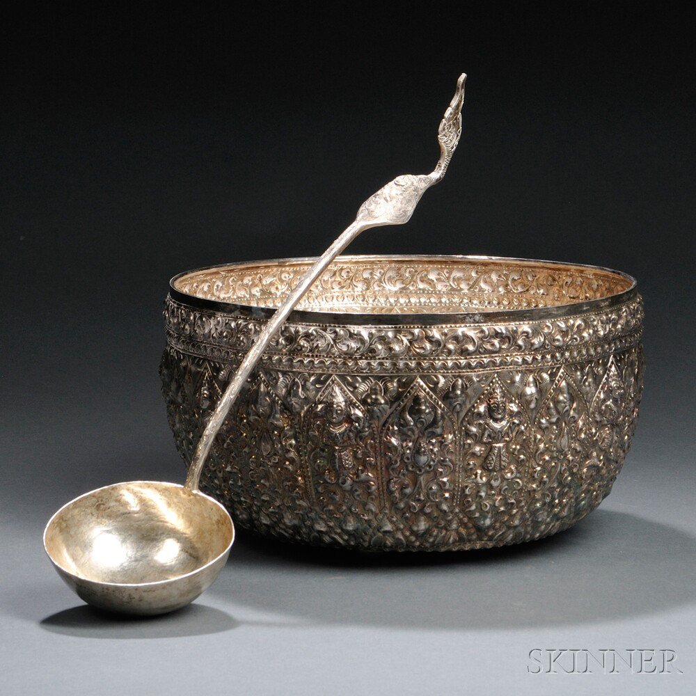 Appraisal: Southeast Asian Silver Punch Bowl and Ladle the bowl with