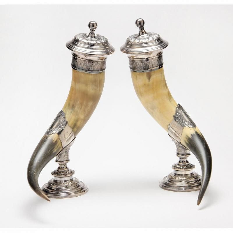 Appraisal: A Pair of Antique Silver Mounted Ceremonial Drinking Horns Continental