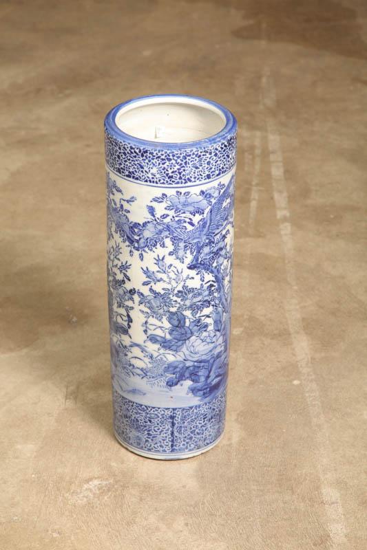 Appraisal: ORIENTAL UMBRELLA HOLDER Porcelain holder with blue and white bird