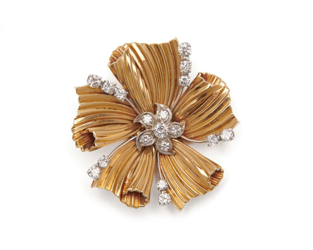 Appraisal: CARTIER K Gold and Diamond Brooch the fluted ribbon-form brooch