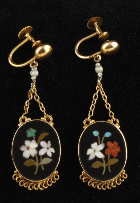 Appraisal: Pietra dura drop earring feature floral motif screw backs long