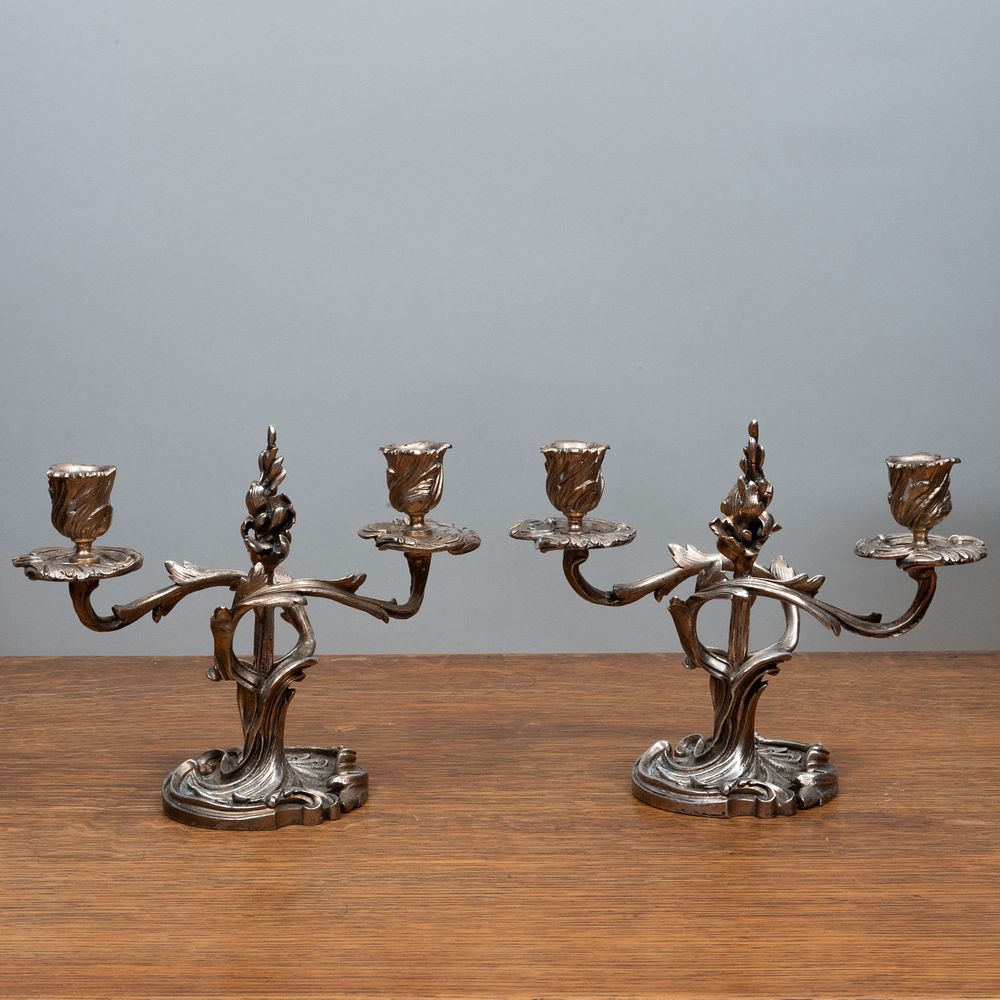 Appraisal: Pair of Louis XV Style Silvered Bronze Two-Light Candlesticks x