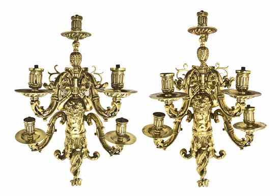 Appraisal: A Pair of Neoclassical Style Gilt Bronze Five-Light Sconces cast