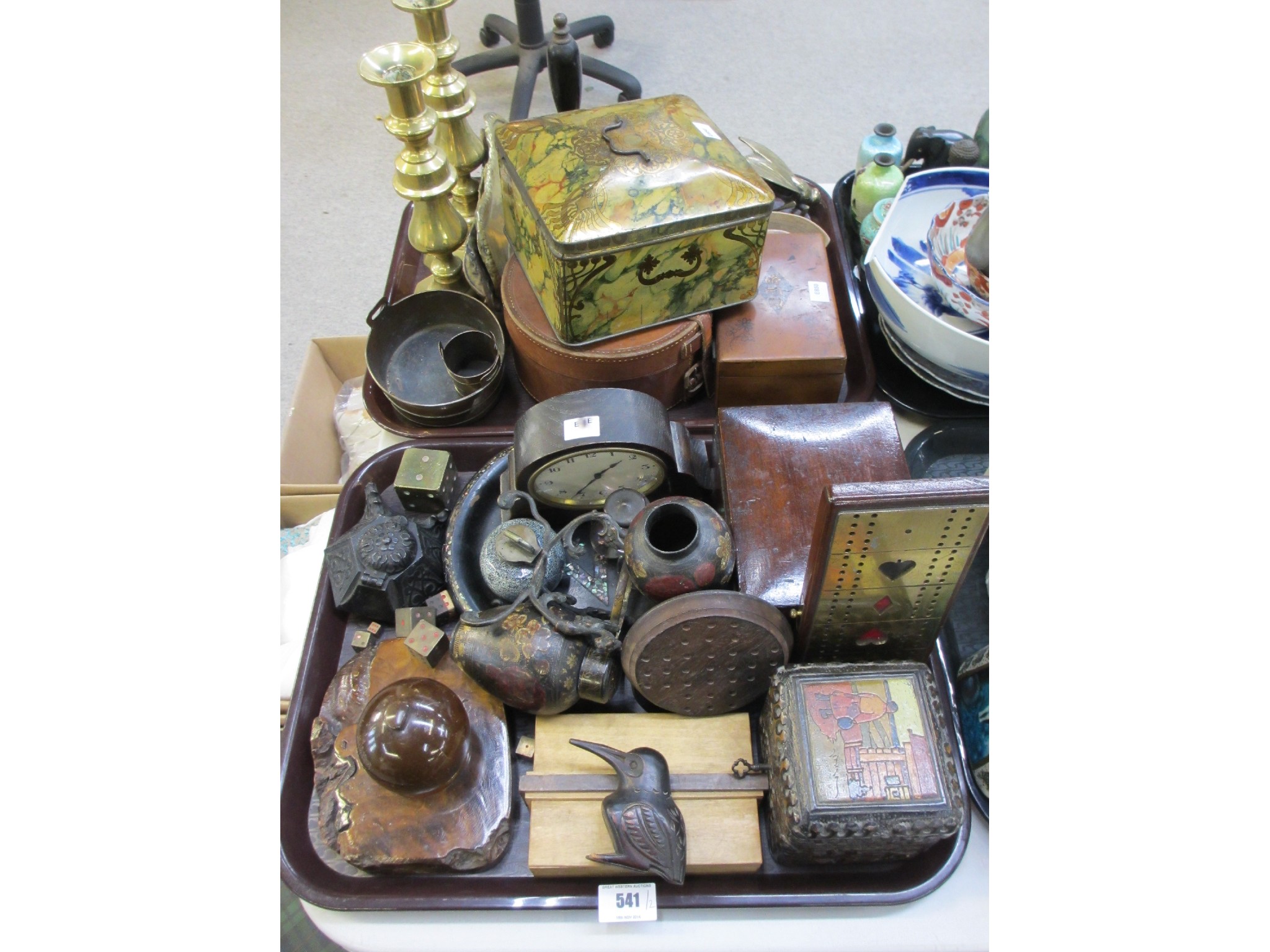 Appraisal: Two trays of miscellaneous items including brass candlesticks wooden boxes