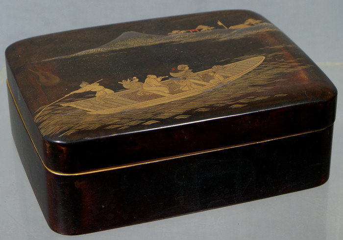 Appraisal: Japanese Lacquer box w finely painted figures in boat th