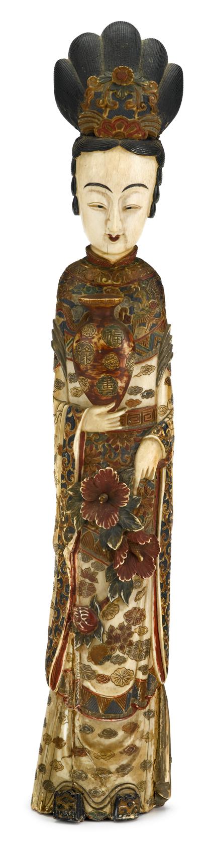 Appraisal: Large polychrome decorated elephant ivory figureqianlong mark late th century