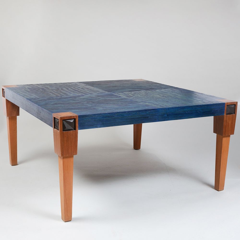 Appraisal: Large Modern Blue Cerused Oak and Hardwood Square Dining Table