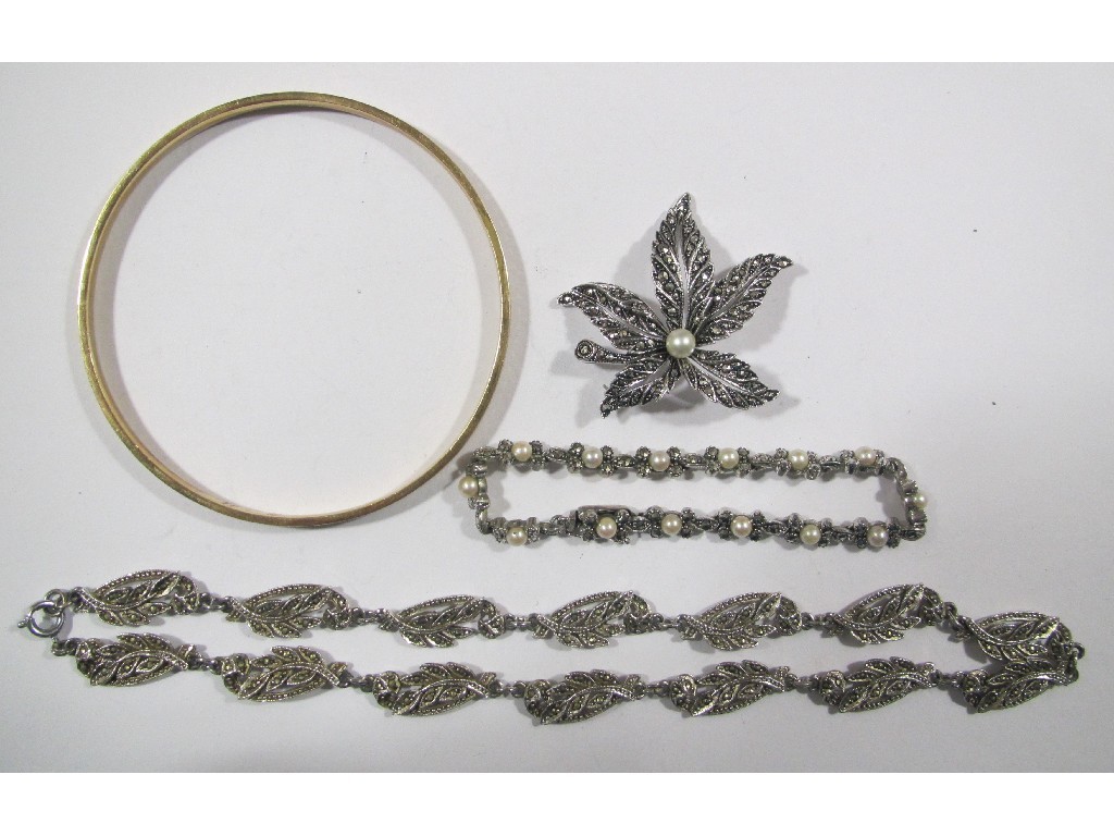 Appraisal: Lot comprising a rolled gold bangle marcasite necklace brooch and