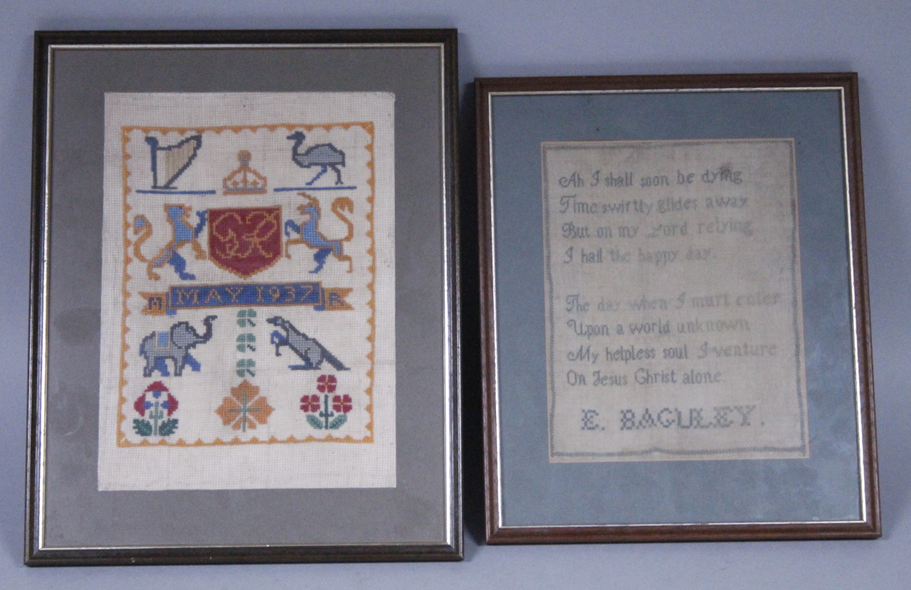 Appraisal: A thC mourning sampler by E Baguley in blue with