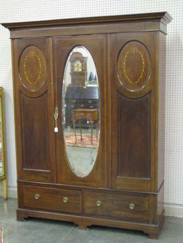 Appraisal: Period-style mirrored single-door armoire with medallion inlay oval beveled-edge mirror