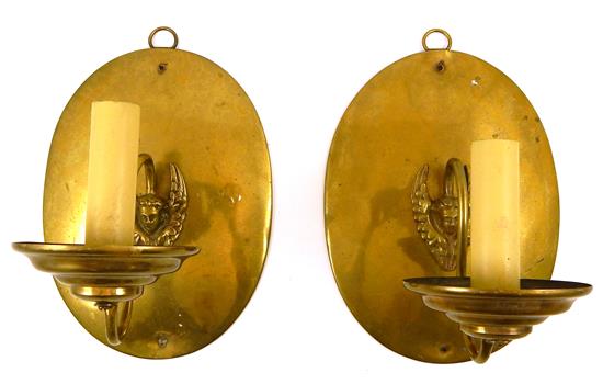 Appraisal: Pair early th C electrified brass single-light wall sconces oval