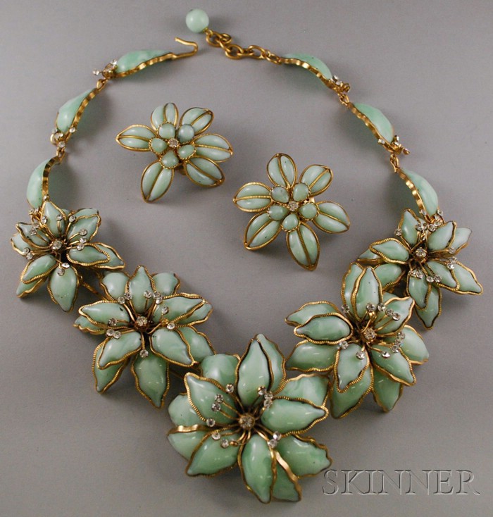 Appraisal: Histoire de Verre Glass and Rhinestone Necklace and Matching Earclips