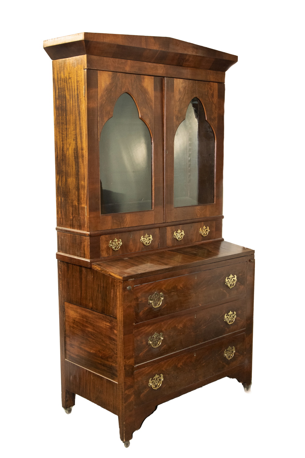 Appraisal: FEDERAL PERIOD TWO-PART SECRETARY Figured Mahogany Stepback Glass Front Secretary