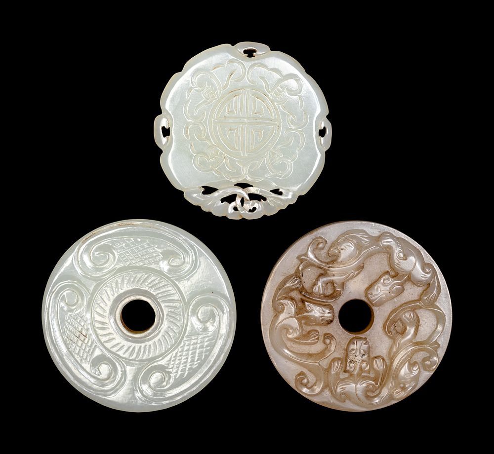 Appraisal: Three Chinese Pierced and Reticulated Jade Plaques Three Chinese Pierced