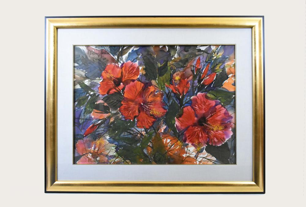 Appraisal: HUONG HUONG VIETNAMESE AMERICAN B PAINTINGHibiscus Flowers Signed titled and