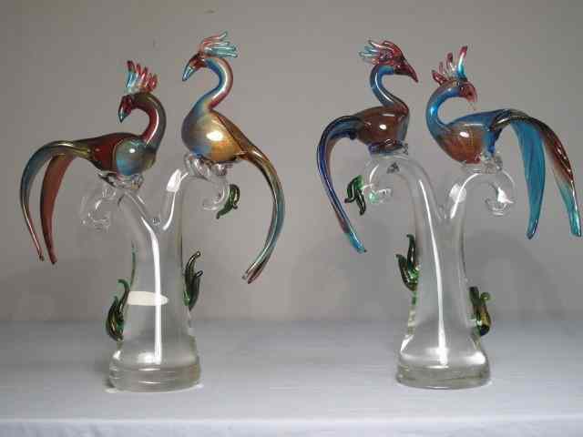 Appraisal: Pair Murano art glass bird figures Each depicts two Peacocks