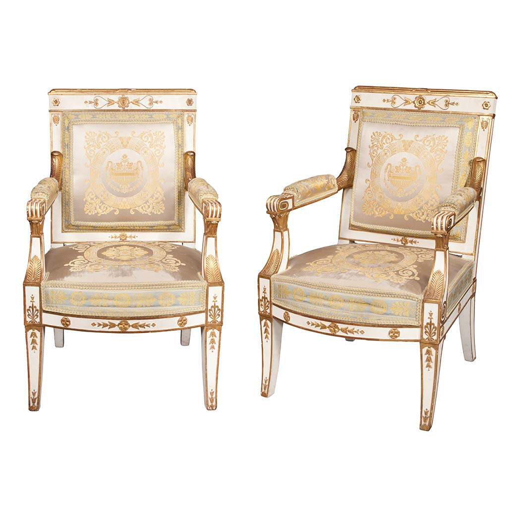 Appraisal: Pair of Consulat Painted and Parcel Gilt Fauteuils a la