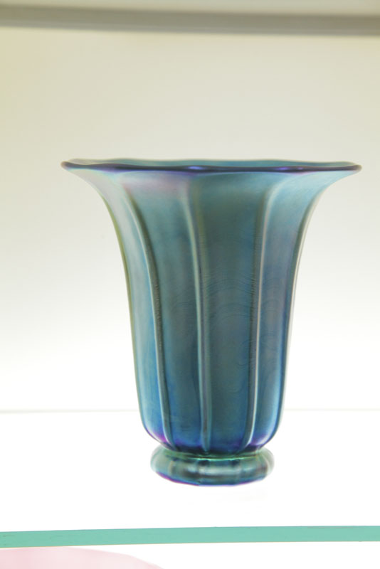 Appraisal: STEUBEN VASE Blue Aurene paneled vase in lamp shade form