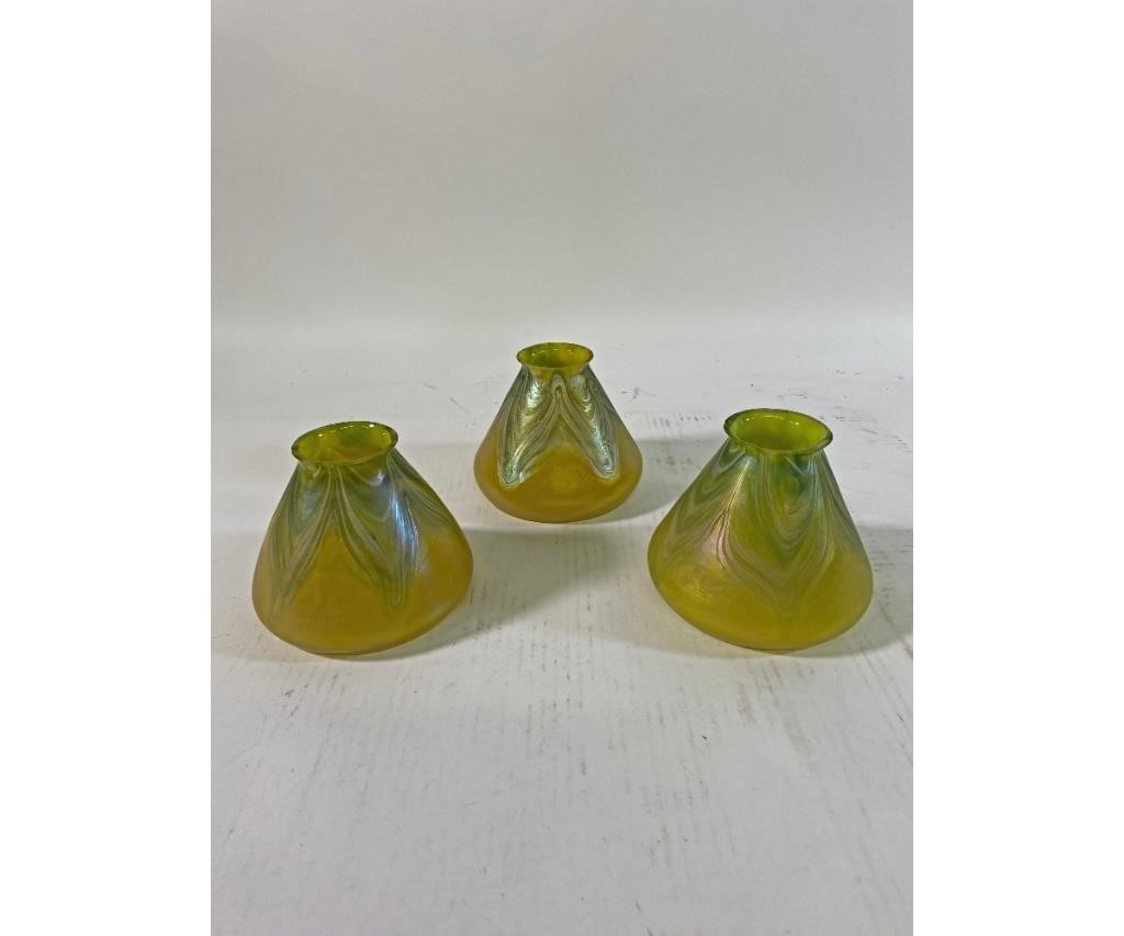 Appraisal: Three irredescent glass shades attributed to Loetz h x dia