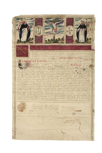 Appraisal: SPANISH INQUISITION Illuminated manuscript document in Spanish conferring the title