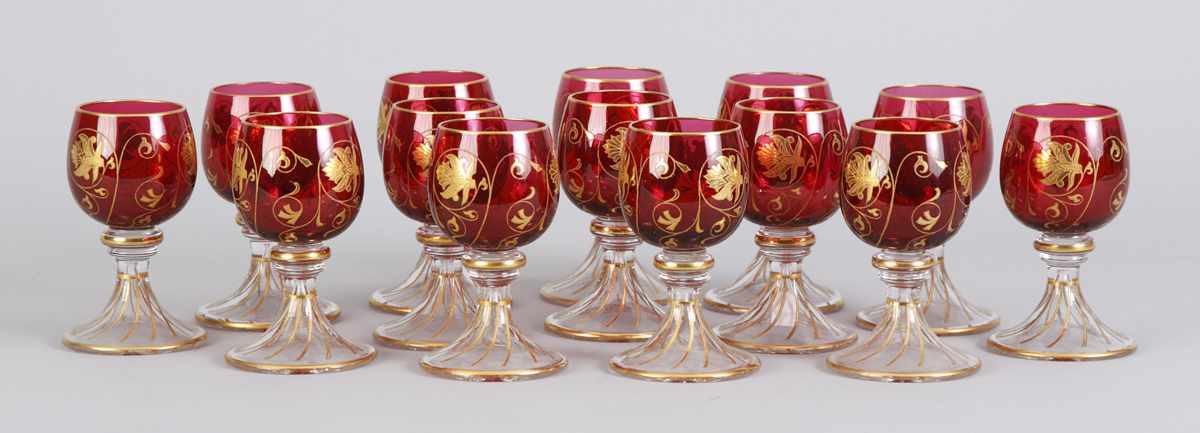 Appraisal: Set of Cranberry Glass Cordials w Enamel Decoration Excellent Ht