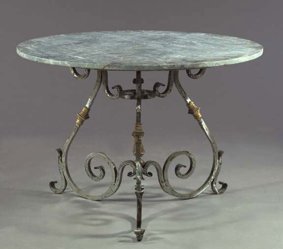 Appraisal: Wrought-Iron and Brass-Mounted Circular Marble-Top Center Table the base with