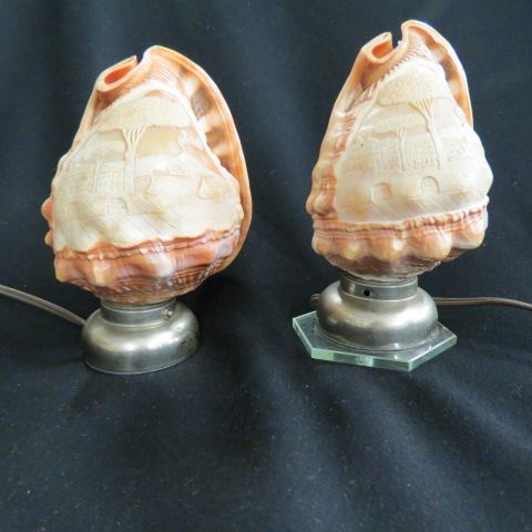 Appraisal: Carved Cameo Shell Lamps carved scenes with lake volcano