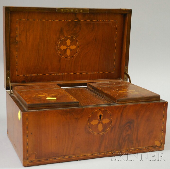 Appraisal: Edwardian Inlaid Burlwood Tea Caddy the interior with two compartments