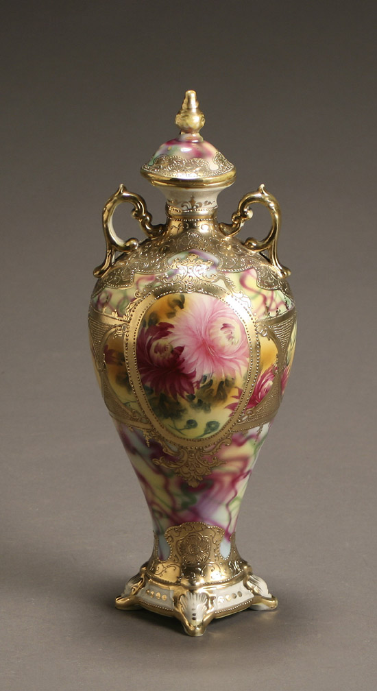 Appraisal: Nippon Floral Bouquet and Gilt Covered Urn with Green Printed