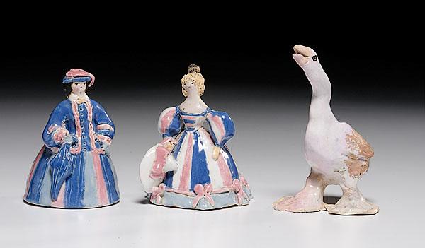 Appraisal: THREE OVERBECK POTTERY FIGURES American ca - Includes a pair