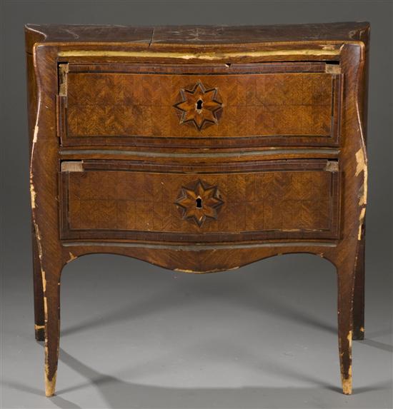 Appraisal: American bow front marquetry drawer chest Two two stacked drawers