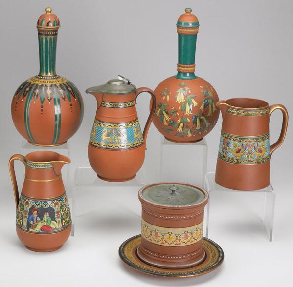 Appraisal: EARTHENWARE GROUPING Six pieces includes two bottles with lids two