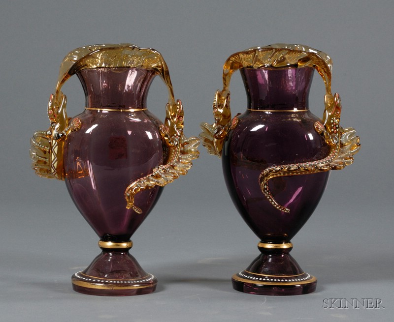 Appraisal: Pair of Lizard Decorated Art Nouveau Vases Possibly Moser Enameled