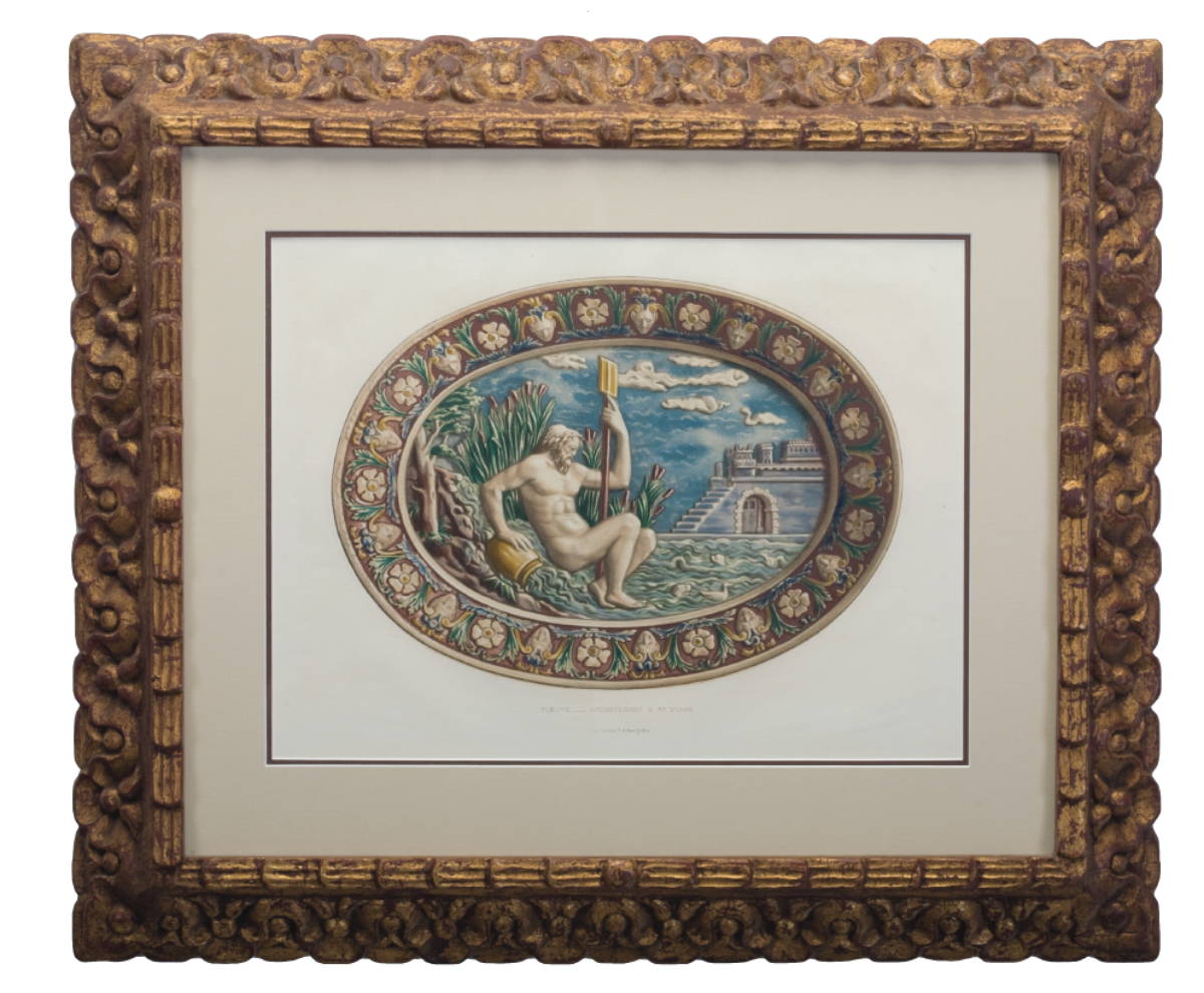 Appraisal: SIX PALISSY PRINTS OF CLASSICAL FIGURES IN HEAVILY CARVED FRAMES