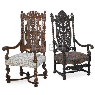 Appraisal: BAROQUE STYLE ARMCHAIRS Two with carved walnut frames and upholstered