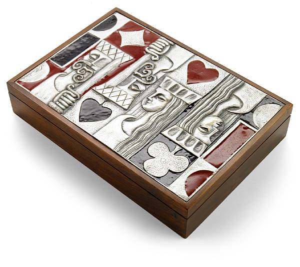 Appraisal: An Ottaviani enameled silver and rosewood card games box s