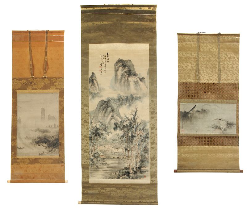 Appraisal: Three Japanese Landscape Scrolls with Figures Shunto Yorigetsu - Landscape