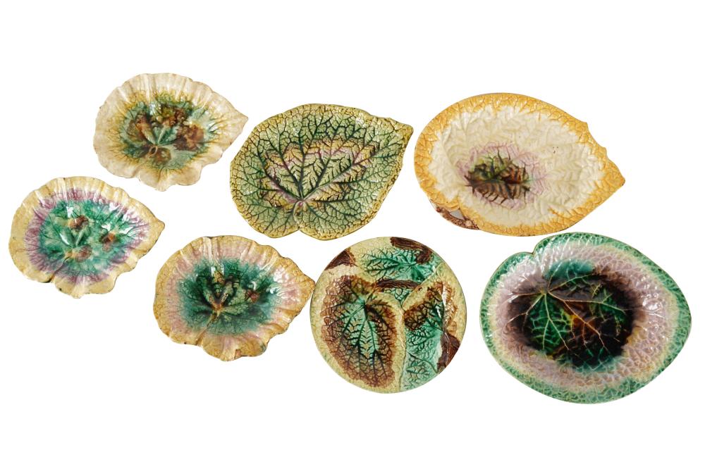 Appraisal: SEVEN MAJOLICA LEAF DISHESCondition in need of cleaning some chips