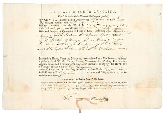 Appraisal: SOUTH CAROLINA - MOULTRIE William Partly-printed document signed as Governor