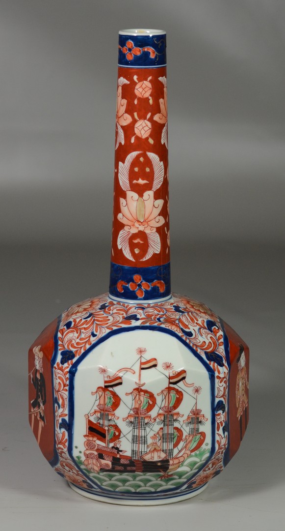 Appraisal: Japanese Imari Porcelain Stick Vase with Black Ship Decoration octagonal