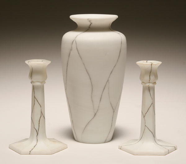 Appraisal: pieces Northwood Breciated marble Vase and candlesticks