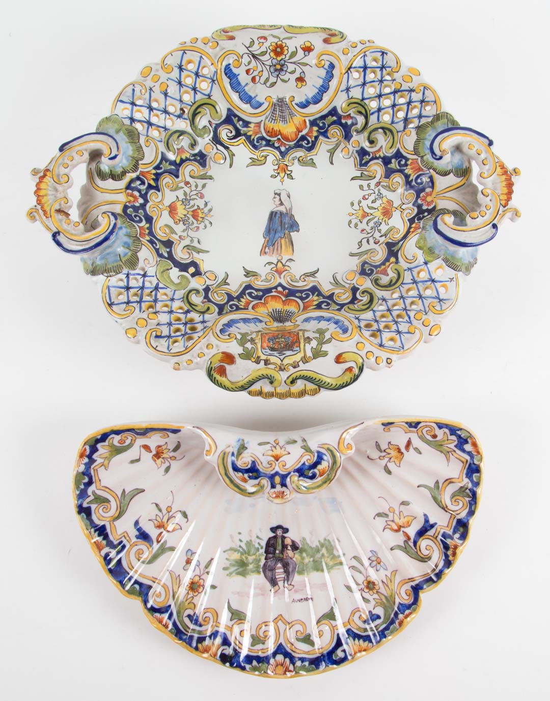 Appraisal: French faience footed bowl and serving dish th century reticulated