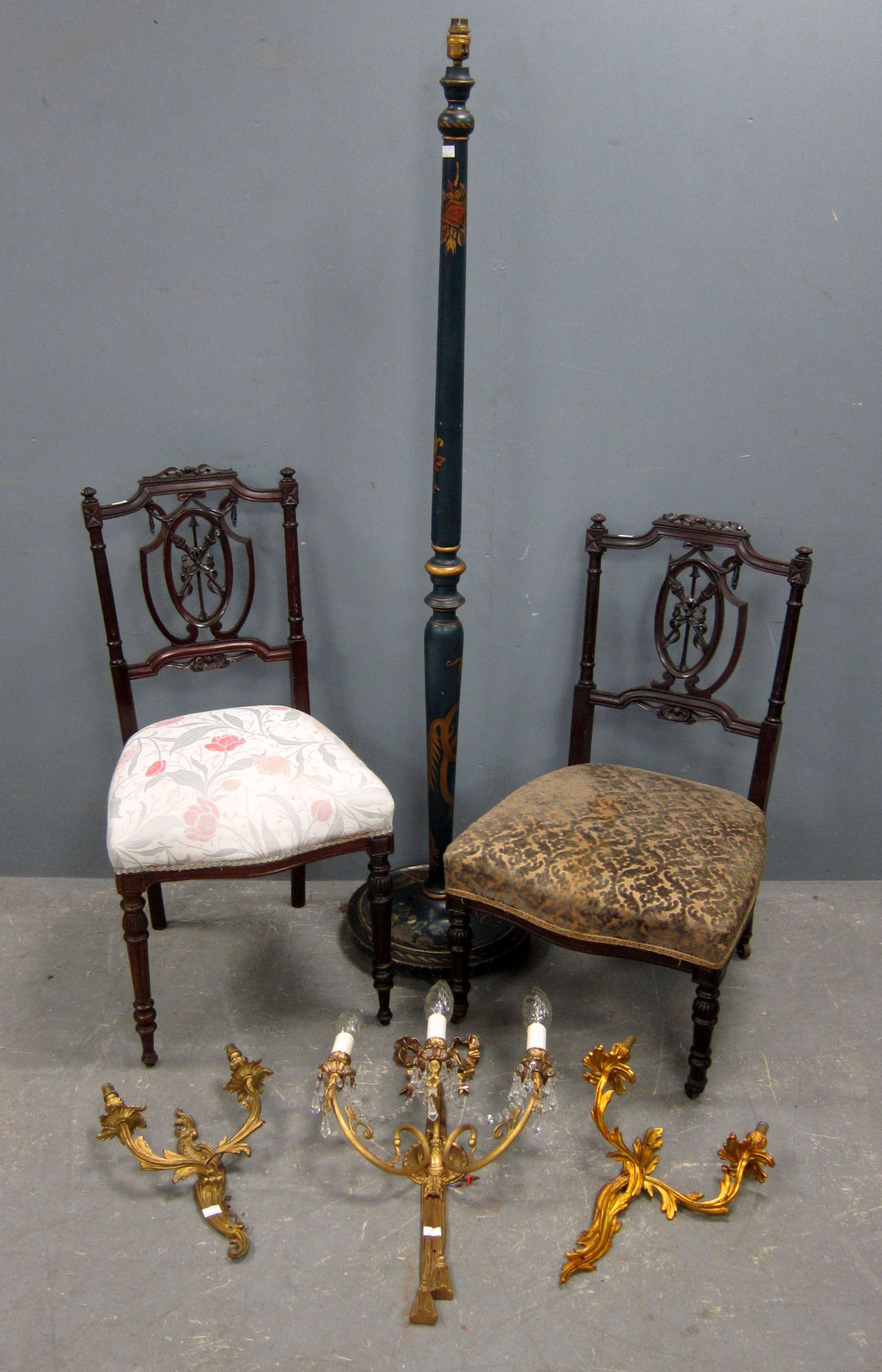 Appraisal: Two early th century carved back chairs three gilt metal