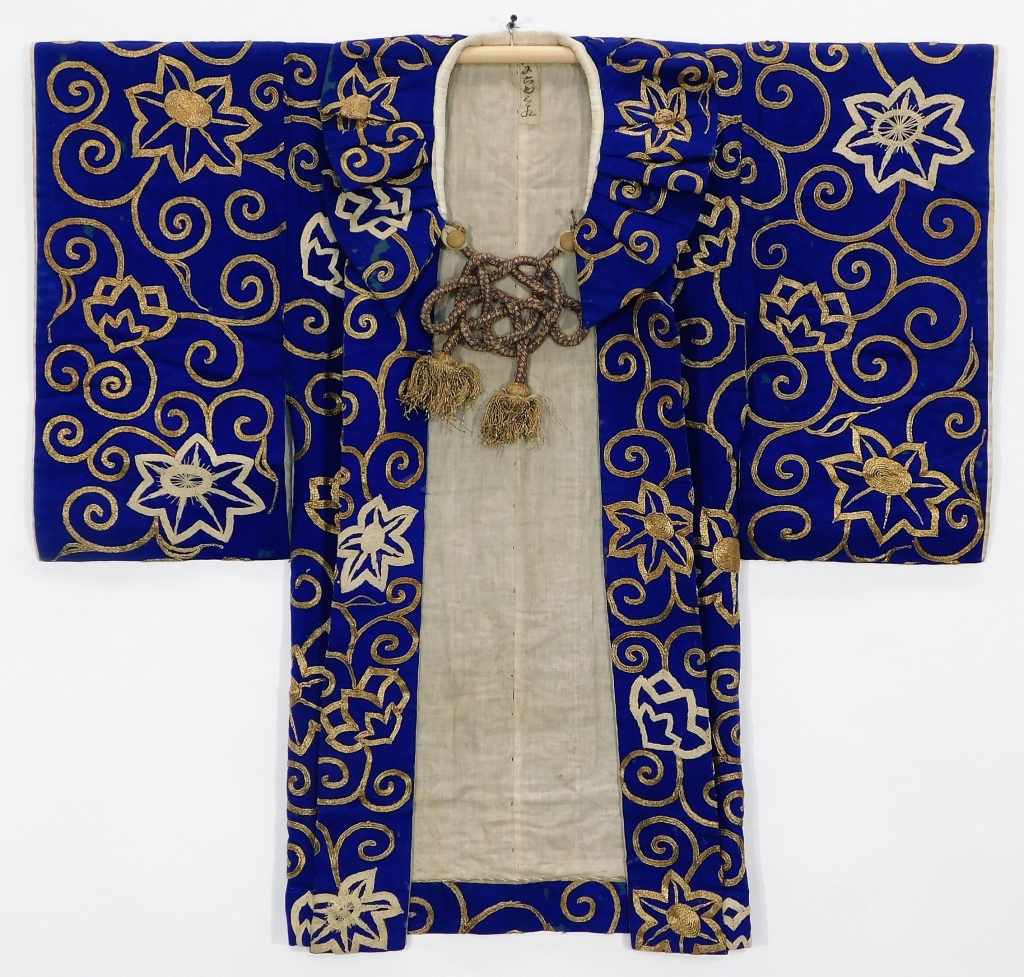 Appraisal: EDO PERIOD NAVY AND GOLD KABUKI THEATER HAORI Japan Circa