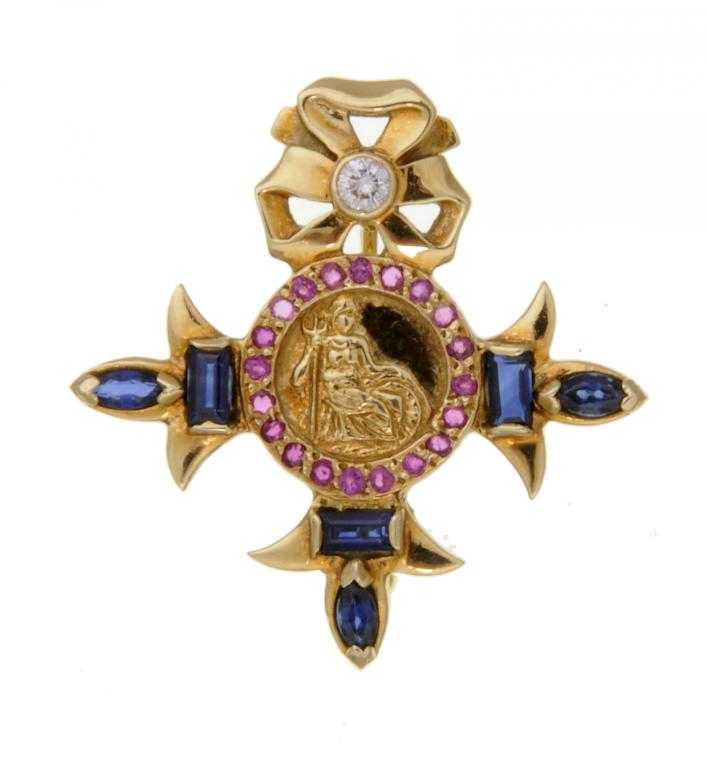 Appraisal: A DIAMOND RUBY AND SAPPHIRE SET CT GOLD BROOCH in