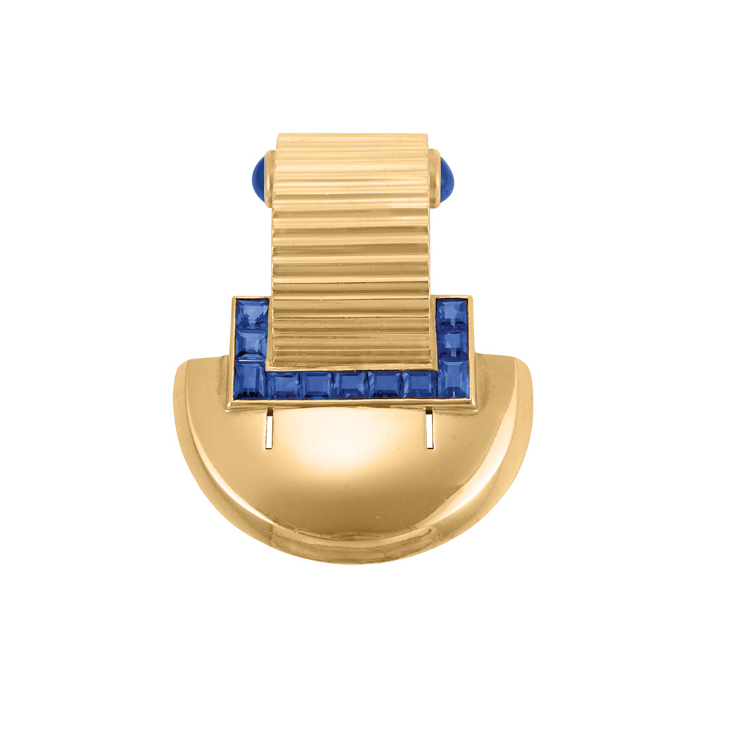 Appraisal: Gold and Sapphire Clip Cartier kt the stylized buckle centering